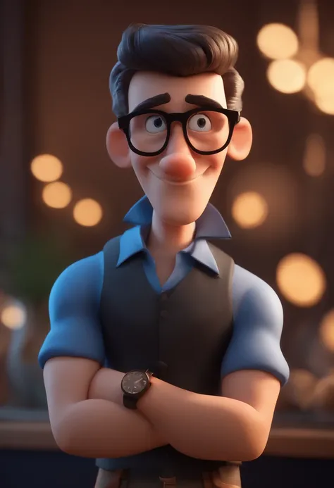 Cartoon character of a man with black glasses and a blue shirt, animation character, Caractere estilizado, animation style rendering, 3D estilizado, Arnold Maya render, 3 d render stylized, toon render keyshot, Personagem 3D, Personagem 3D, 3d rendering st...