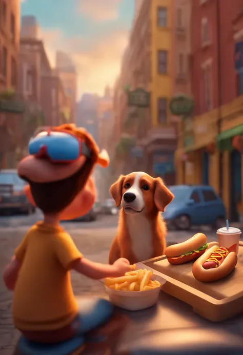 Desenho de um homem em estilo 3D da Pixar comendo um Hot Dog e um cachorro com asas e halo ao seu lado centro da cidade.