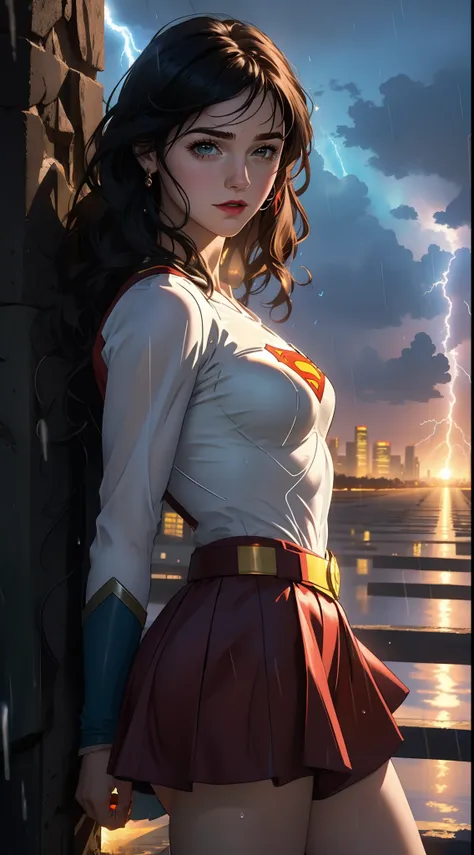 un primer plano de una mujer con un disfraz de superman de pie en una ciudad, superchica, gal gadot como supergirl, superhero bo...