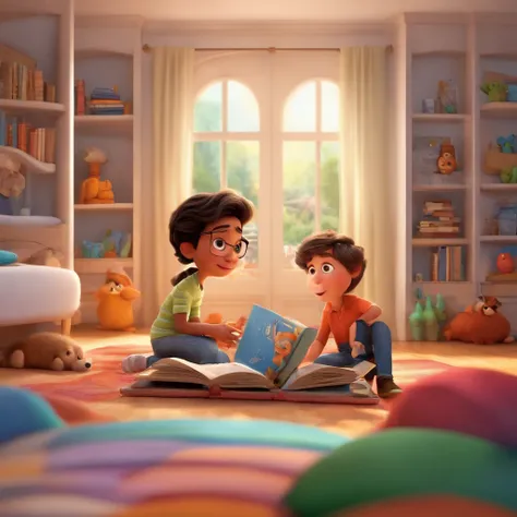 fundo branco, pixar desenhos animados 3D, homem lendo um livro, ::estilo pixar cartoon