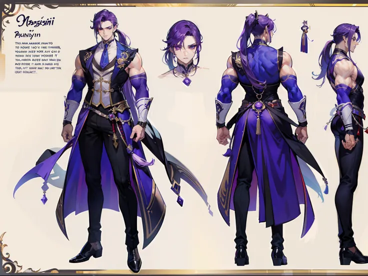 ((Masterpiece, Highest quality)), Male, boy, Detailed face, character design sheet， full bodyesbian, Full of details, frontal body view, back body view, Highly detailed, Depth, Many parts, Muscle boy with ponytail long purple hair，handsome man, muscle body...