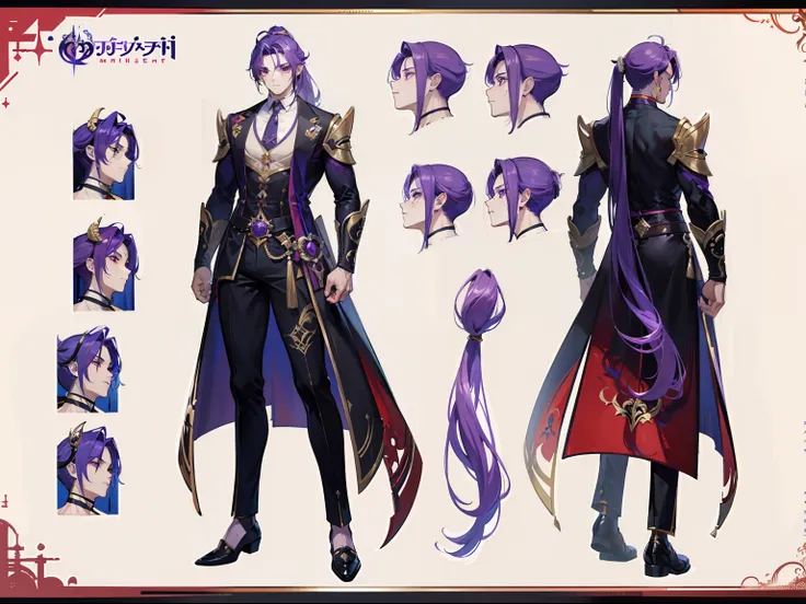 ((Masterpiece, Highest quality)), Male, boy, Detailed face, character design sheet， full bodyesbian, Full of details, frontal body view, back body view, Highly detailed, Depth, Many parts, Muscle boy with ponytail long purple hair，handsome man, muscle body...