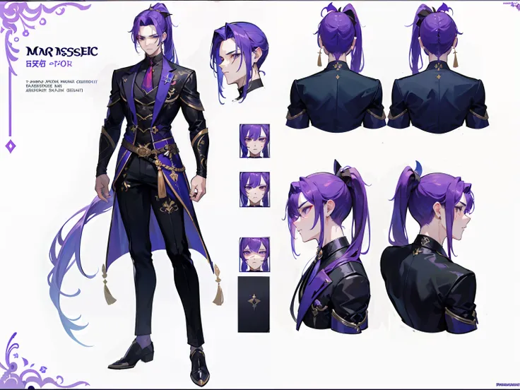 ((Masterpiece, Highest quality)), Male, boy, Detailed face, character design sheet， full bodyesbian, Full of details, frontal body view, back body view, Highly detailed, Depth, Many parts, Muscle boy with ponytail long purple hair，handsome man, muscle body...