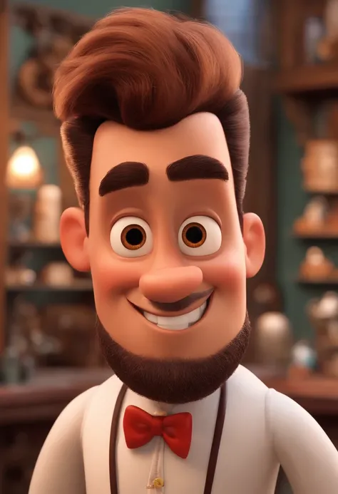 A Dream Barber Inspired by Pixar Animation, de perto. The character takes center stage with captivating facial expressions, oferecendo um toque de irrealidade, Cabelo curto e gordinho gradiente