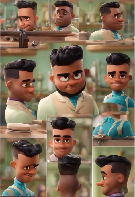 A Dream Barber Inspired by Pixar Animation, de perto. The character takes center stage with captivating facial expressions, oferecendo um toque de irrealidade, Cabelo curto e gordinho gradiente