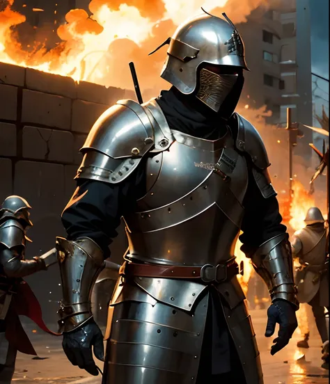 Medieval soldier,covered face, 
Fighting white armoured guy
, black badass armor, burning city background