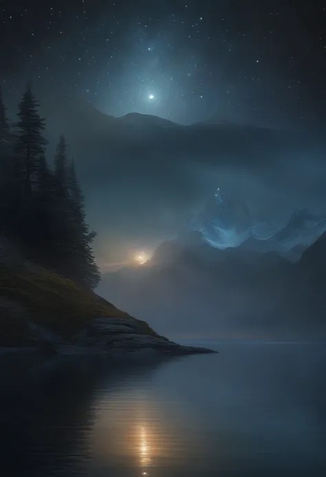 Starry sky with mountains and lake, Jessica Rossier, Inspired by Jessica Rossier, Jessica Rossier Fantasy art, Destaques da Magia da Arte Conceitual, arte oficial, Pintura dos Sonhos, Ethereal Realm, Atmospheric artwork, pinturas foscas sonhadoras, estrela...