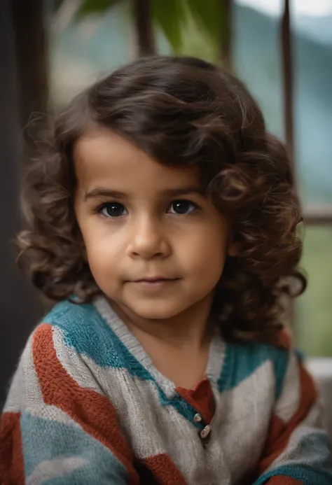 menino: Miguel, aproximadamente 5 anos de idade, cabelo curto estilo Disney, olhos castanhos e sorrisos. garota: Giovana, 2 anos, longos cabelos pretos e olhos azuis. scenecy: Miguel and Giovana are in a cozy little house in the valley, ao fundo um dia ens...