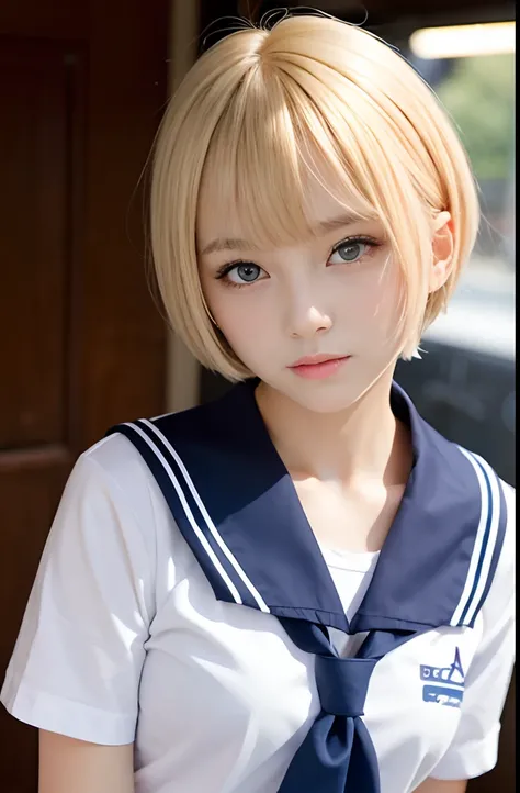 A school girl,16 year old,(blonde short hair),(bangs bangs),pretty face,sailor suit