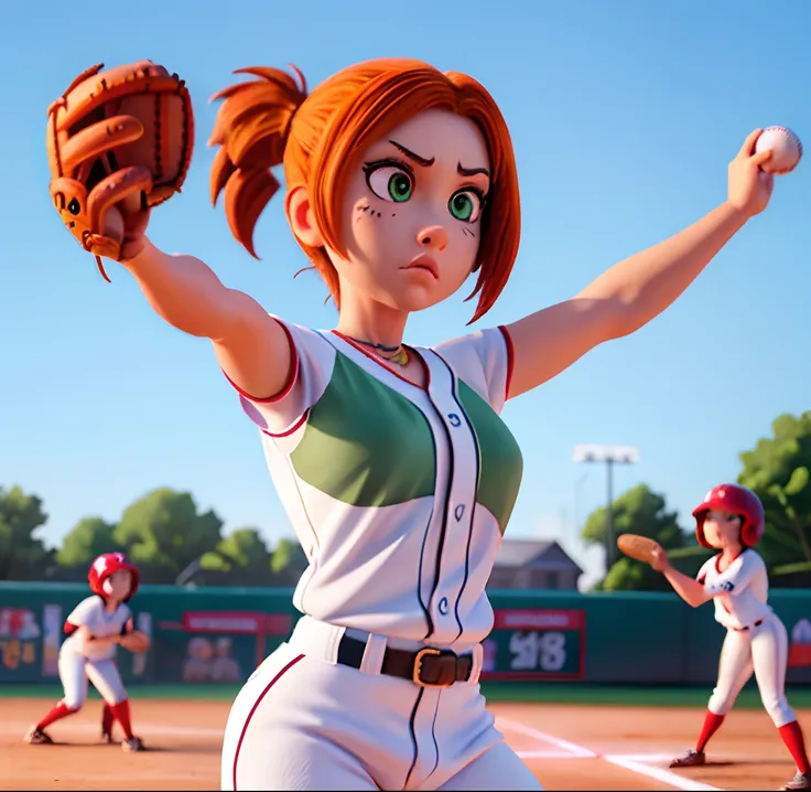 Masterpiece, (watercolor:1.3), (short stack:1.1), forward facing, eyes on camera, serious expression, (action shot:1.4) , (upper body strength:1.3), contrapposto (tattoo:1), softball pitcher, auburn hair, green eyes, (string bikini:1), pitching a softball ...