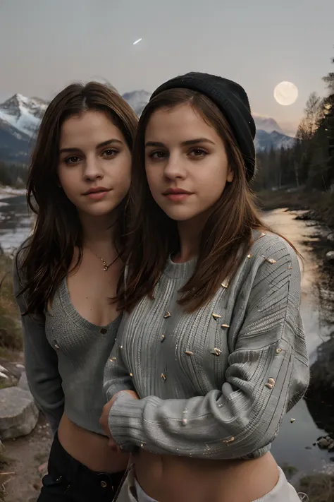 2girls, two women, two girls, friends,  selena gomez and emma watson, masterpiece, best quality, ultra-detailed, solo, outdoors,...