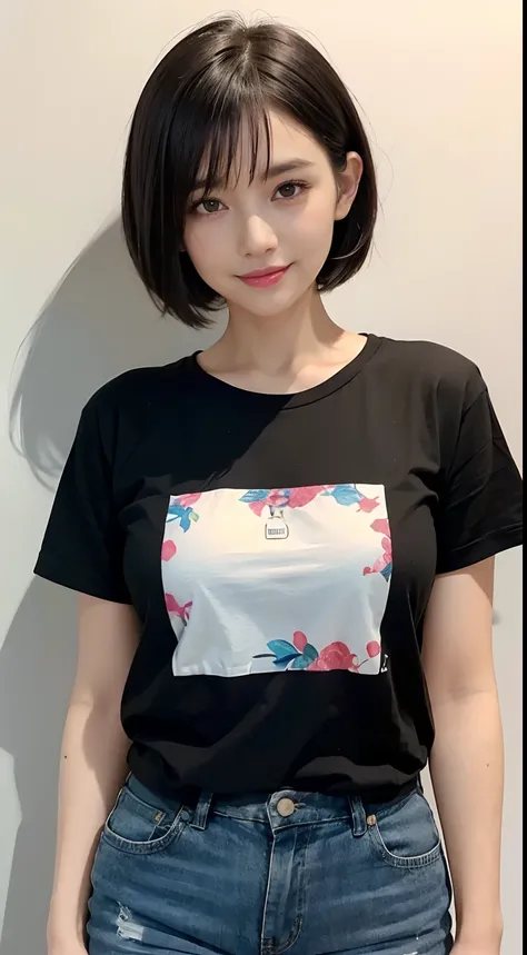 85
(a 20 yo woman,is standing), (A hyper-realistic), (masutepiece), ((short-hair:1.46)), (Smooth black hair), (Breast:1.0), (kindly smile), Wearing shorts, (Wear a T-shirt with a character design print), (Beautiful skin:1.5)