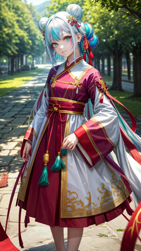 8k wallpaper, masterpiece,Cinematic Lighting, best quality,Illustration,dramatic angle, ((colorful:1.1)), ((colored inner hair:1.4)),solo
1girl, solo, white hair, long hair, hair bun, hanfu, green eyes, double bun, outdoors, looking at viewer, long sleeves...