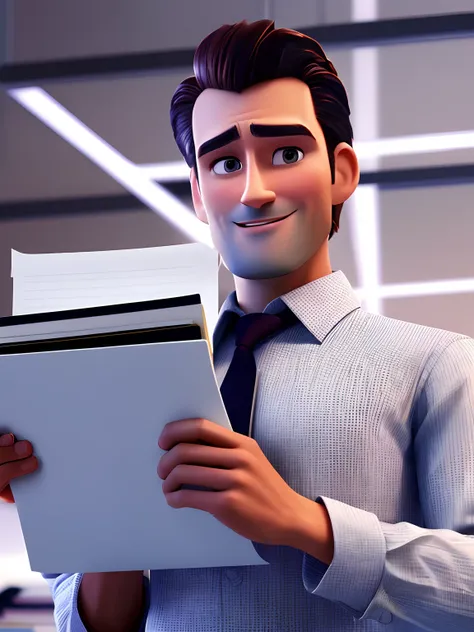 pixarstyle a waist-length portrait of a man in a office shirt, smirk, folder with documents in his hands, office, natural skin texture, 4k textures, hdr, intricate, highly detailed, sharp focus, cinematic look, hyperdetailed