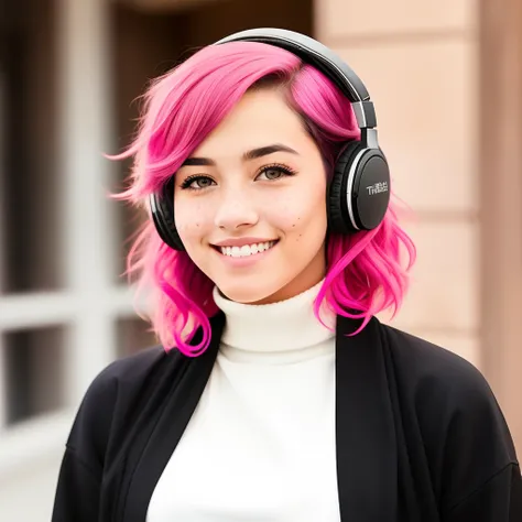 21 year old Ecuadorian woman with brown eyes, freckles, dyed short pink hair, and a smile. She wears a black turtleneck with a white lab coat and headphones around her neck.