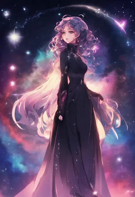 cartoon girl with a halo and a black dress, concept art inspired by Yuki Ogura, tumblr, digital art, anime girl with cosmic hair, girl in space, cosmic girl, galactic sized goddess, anime girl wearing a black dress, madeline from celeste, in a space starry...