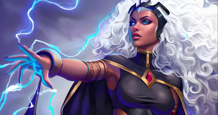 (melhor qualidade, 4k, alta resolução, obra-prima:1.2),Close-up of a woman with lightning bolt in her hand, cabelos cacheados e brancos, usando um vestido preto, Tempestade de X-Men, um retrato de Ororo Munroe, mutante, Marvel, olhos e rosto extremamente d...