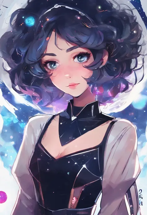 cartoon girl with a halo and a black dress, concept art inspired by Yuki Ogura, tumblr, digital art, anime girl with cosmic hair, girl in space, cosmic girl, galactic loli goddess, anime girl wearing a black dress, madeline from celeste, in a space starry,...