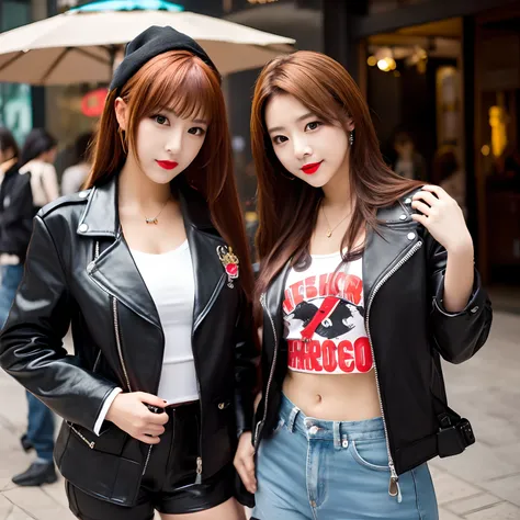 Black Later jacket and hot pants, hard rock musician costume, red lips, brown colour hair , beautiful girl, sexy girl , two girls