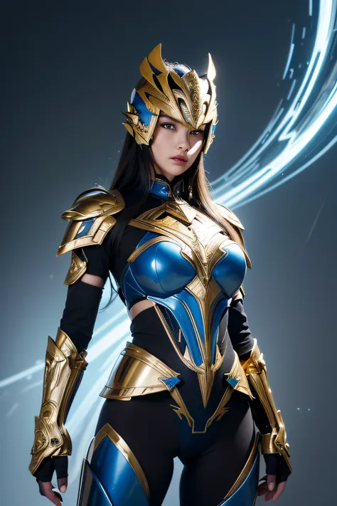 4K, masutepiece, hight resolution, absurderes,, Edge Thunderstruck, (Beautiful woman wearing metal blue and gold armor on bare skin) , Extraordinary beauty, Wearing Edge and Thunder Tracks_armor, electrification, (Wilding Thunder, Wearing an intricate armo...