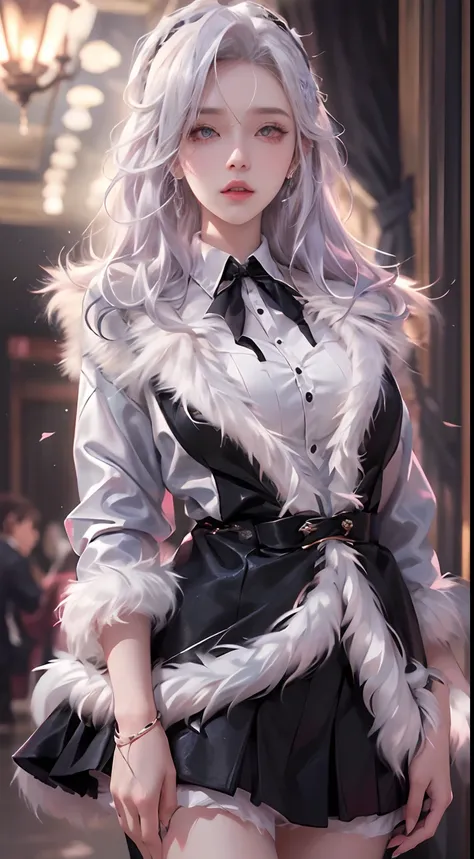 Photorealistic, high resolution, 1 Women, Solo, Hips up,Lolita costume， Beautiful eyes, White hair, ringed eyes, Collared shirt,black necktie,Black skirt, pencil skirts, Fur coat