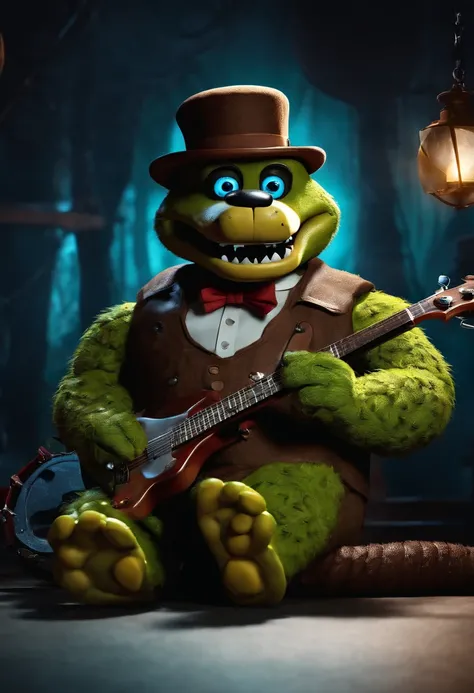 Five Nights at Freddy style film poster, with a crocodile animatronic, in the same style as the FNAF animatronics, wearing a brown hat, with a brown suspender and gold buttons, neon blue eyes, light green skin, sitting in a ball pit , holding a white and b...