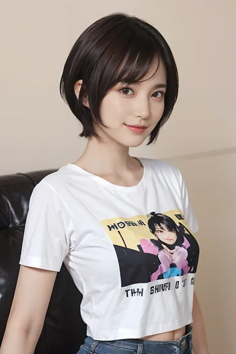 85
(a 20 yo woman,is standing), (A hyper-realistic), (masutepiece), ((short-hair:1.46)), (Smooth black hair), (Breast:1.0), (kindly smile), Wearing shorts, (Wear a T-shirt with a character design print), (Beautiful skin:1.5)