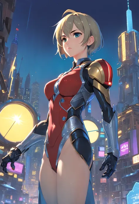 Only one woman, Wearing a cybernetic suit+Ant-Man Costume+Black armor with golden parts, very tight to the body，Tight, blue hairs, Very short hair, very messy hair, The hair，Bangs in front of the eyes, helmet on her head, looking at viewert, (((Pose of int...