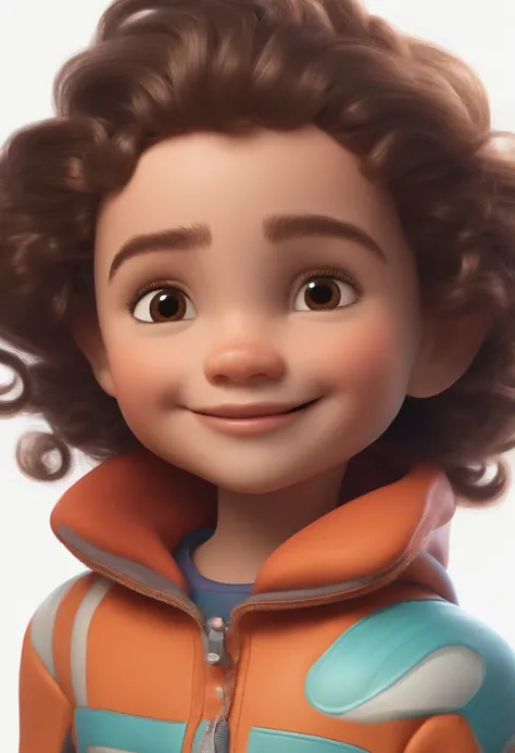 a happy, cute kid with short hair, wearing a space costume, standing in front of a white background. The kid has a distinct artistic Pixar style, characterized by vibrant colors and exaggerated features. The artwork is rendered in 3D, resembling a cartoon....