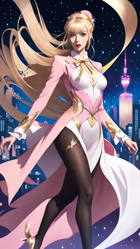 blonde female wearing a pink tuxedo tail coat pink and gold lining lapels white long sleeve dress shirt  pink bow tie pink cummerbund white satin gloves art leotard has blue eyes gold leotard black pantyhose wearing pink heels night city background curvy b...