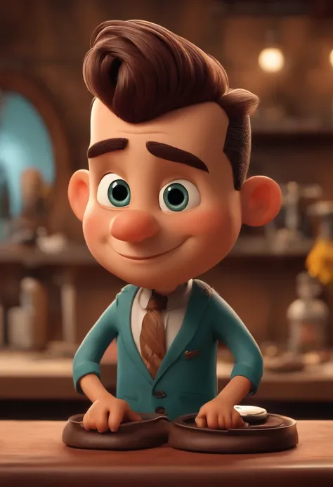 A Dream Barber Inspired by Pixar Animation, de perto. The character takes center stage with captivating facial expressions, oferecendo um toque de irrealidade, Cabelo curto e gordinho gradiente