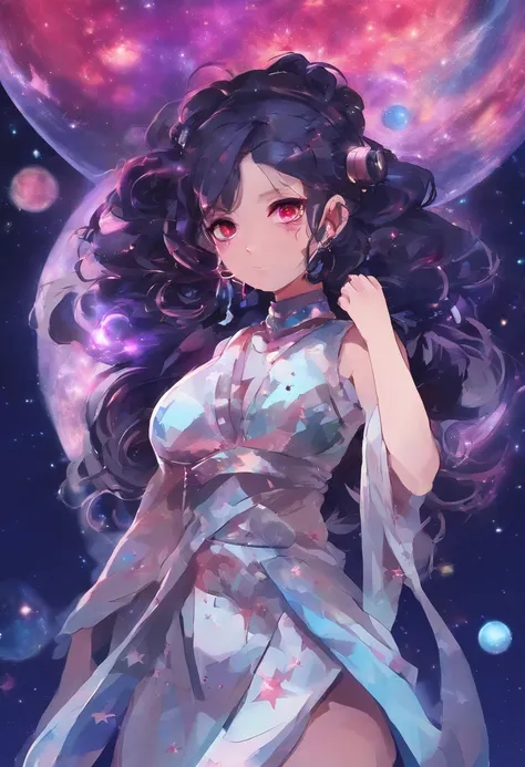 black dress, concept art inspired by Yuki Ogura, tumblr, digital art, anime girl with cosmic hair, girl in space, cosmic girl, red skin color, red-colored skin, bright black hole glowing eyes, loli figure, braided curly purple with stars inside space hair ...