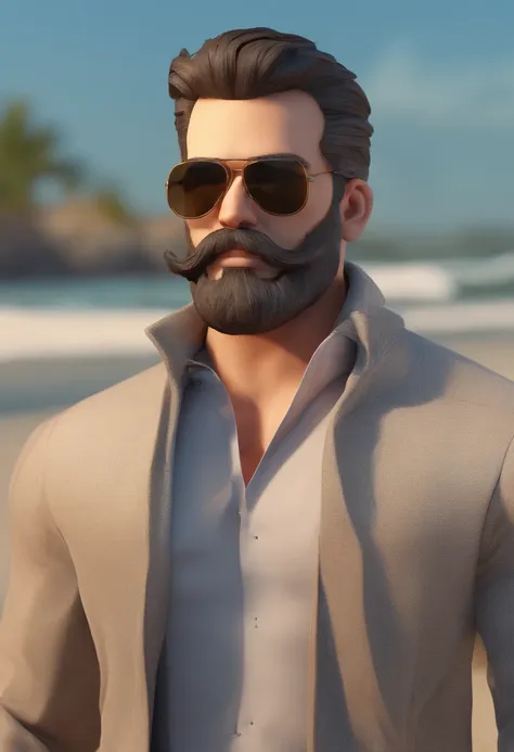 Um homem preto com barba e bigode preto, Head Hair Low Fade, sunglasses on the beach