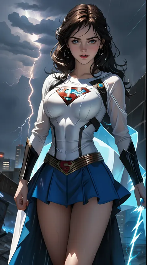 un primer plano de una mujer con un disfraz de superman de pie en una ciudad, superchica, gal gadot como supergirl, superhero bo...