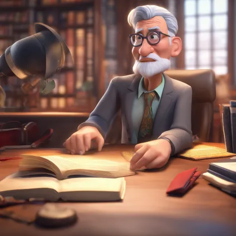 Crie um cartaz inspirado na Disney Pixar com o personagem sendo o pastor Rubens Janier, A gray-haired man wearing glasses, in an office with a Bible on the table, Looking forward and serious