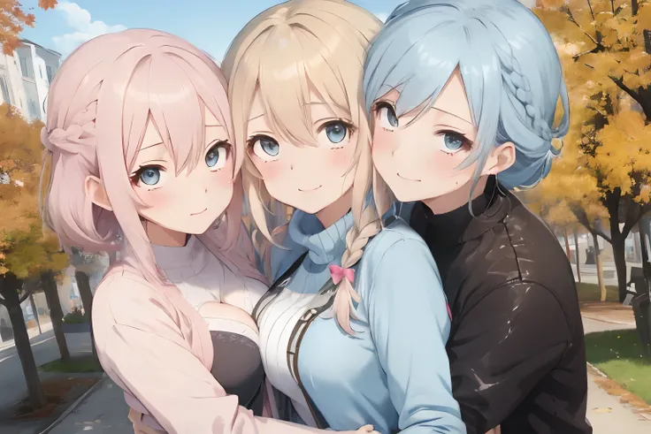 Modern City,fluffy hair,lightblue hair,a blond,Light pink hair,Katyusha,Braids,Autumn outfit,Short clothing that shows the buttocks,The sleeves of the clothes are a little long,I see a little cleavage,Moe Sleeve,Dating,Multiple people hugging each other,Hu...