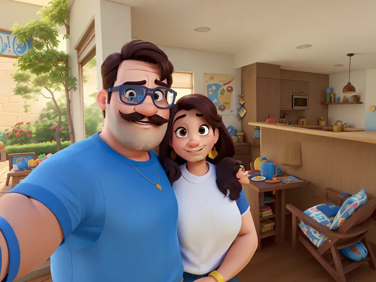 casal homem com bigode e mulher no estilo Disney Pixar, alta qualidade, melhor qualidade