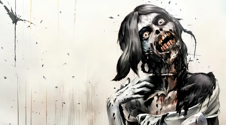 there is a painting of a woman with a zombie face, zombie with white eyes, detailed 4k horror artwork, zombie in horror concept art, beautiful zombie, horrific digital art, scary detailed art in color, elegant horror artwork, zombie face, the last of us zo...