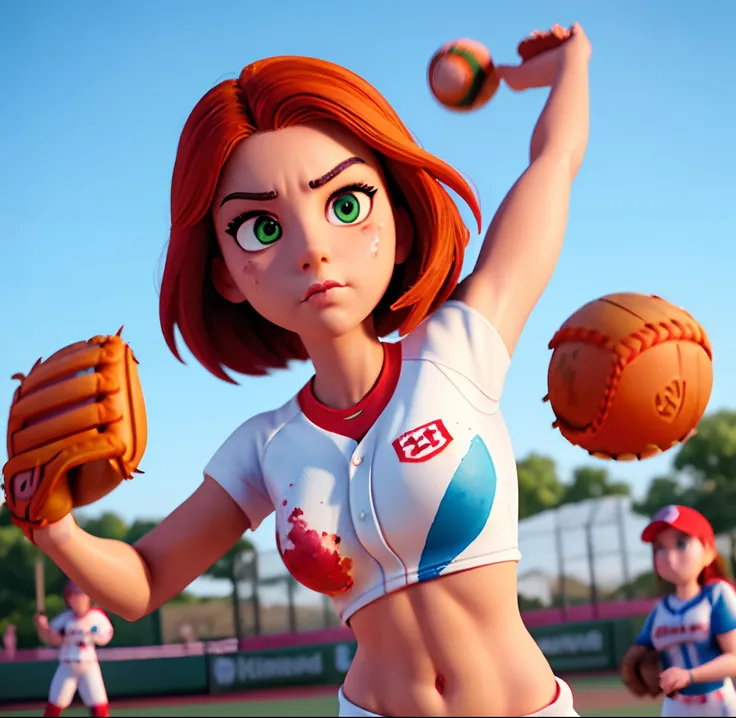 Masterpiece, (watercolor:1.3), (short stack:1.1), forward facing, eyes on camera, serious expression, (action shot:1.4) , (upper body strength:1.3), contrapposto (tattoo:1), softball pitcher, auburn hair, green eyes, (string bikini:1), pitching a softball ...