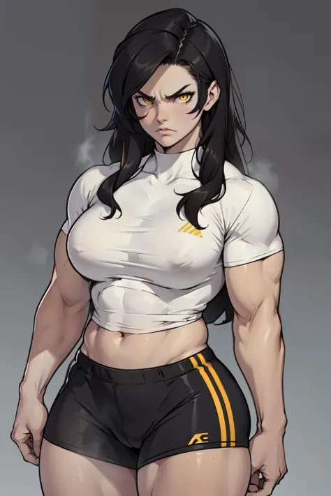 (1girl) pale skin large breasts (muscular) toned body thick thighs black hair yellow eyes (long hair grey background) bodybuilder angry tight shirt