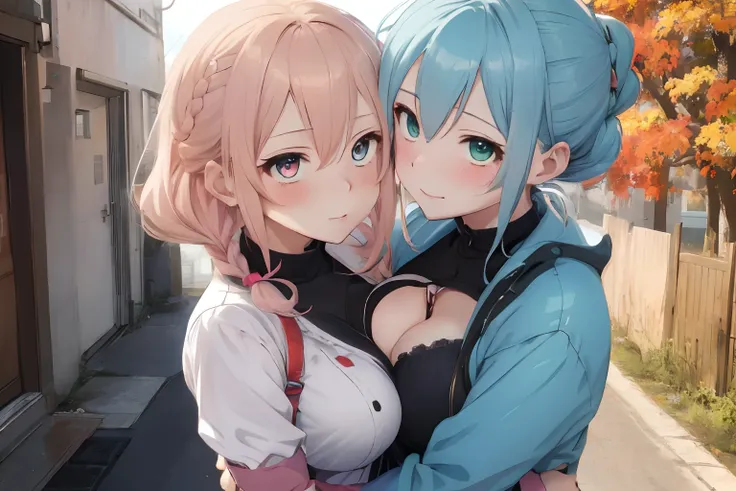 Modern City,fluffy hair,lightblue hair,a blond,Light pink hair,Red eyes,Green eyes,Orange Eyes,Katyusha,Braids,Autumn outfit,Short clothing that shows the buttocks,The sleeves of the clothes are a little long,I see a little cleavage,Moe Sleeve,Dating,Multi...