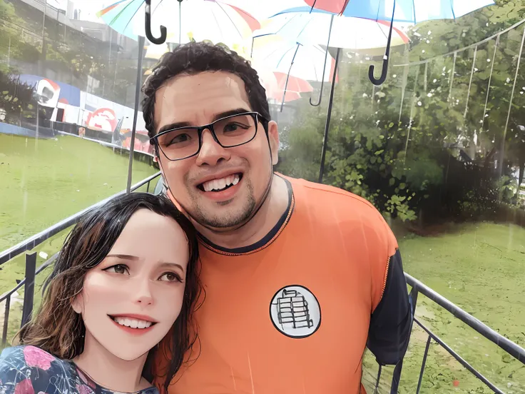 Pixar style image There are two people under umbrellas in the rain, In Sao Paulo, Casal feliz, Directed by: Nandor Soldier, chuva!!!!, david rios ferreira, Chovendo!!, Chovendo!!!, Parque em segundo plano, divertindo-se, In the rain, festival, com um parqu...