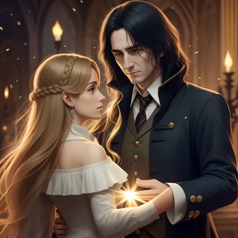 Hermione Granger, que tem cabelo castanho, longo e ondulado, usa um vestido medieval de festa. Severus Snape, usa roupas militares medievais da cor preta e tem cabelos pretos e lisos. The couple is waltzing in the ballroom. The illustration is like a book ...