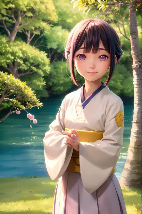 Hinata hyūga,anime,retrato,Sol radiante(luci),Colores pastel,hermosos ojos detallados,coy smile,cabello oscuro ondulado,Soft and gentle expression,Conjunto blanco y lavanda,flores de cerezo en flor(Paisaje),Quiet garden background,Traditional Japanese Styl...