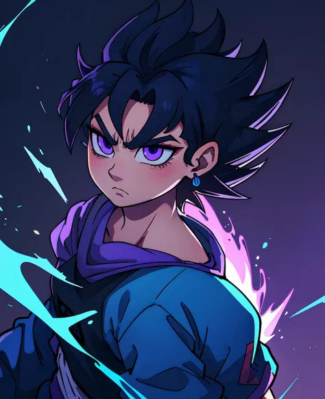 Vegeta Super Saiyan BLUE Black and Purple Smoky Background with Brave Expression