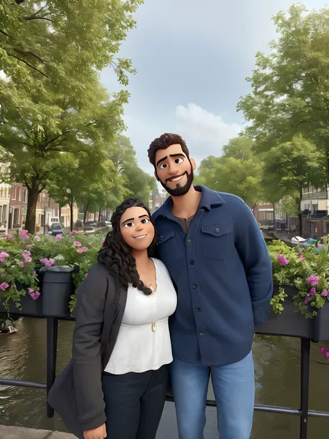 Um filme inspirado na Disney Pixar (Casal latino americano composto por um homem alto e magro de barba e topete mulher baixa cabelo liso em canal de Amsterdam ) dentro A cena estar na arte distinta do estilo PIXAR, descolada e estilosa