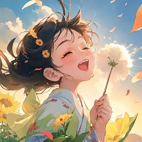 Anime girl holding flowers in her hand，The background is the sun, beautiful sunflower anime girl, Anime art wallpaper 8 K, Anime art wallpaper 4k, Anime art wallpaper 4 K, Artgerm and Atey Ghailan, Anime Pictures, happy and spirited expression, style of an...