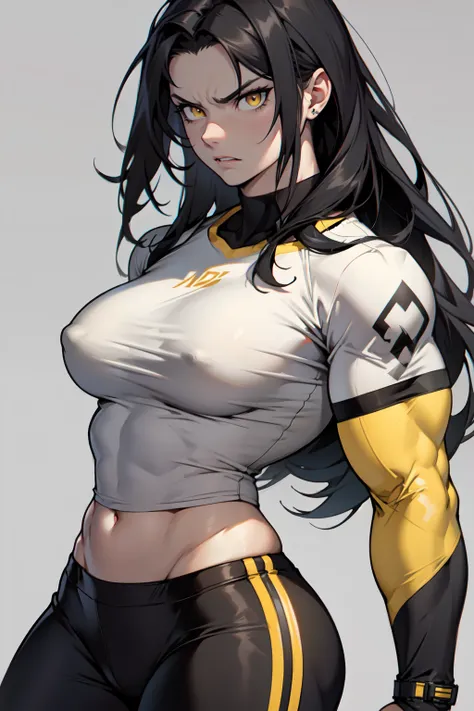 (1girl) pale skin large breasts (muscular) toned body thick thighs black hair yellow eyes (long hair grey background) bodybuilder angry tight shirt