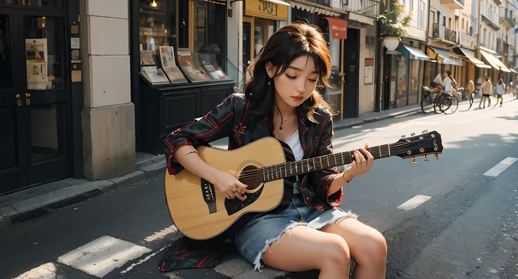 A woman playing guitar in a city, cercado de turistas, Receber moedas. TAGS: Mulher, playing the guitar, cidade, Turistas, Receber moedas, music, Artista de rua, atmosfera animada, ruas movimentadas, cores vibrantes, arte de rua, cultural experience