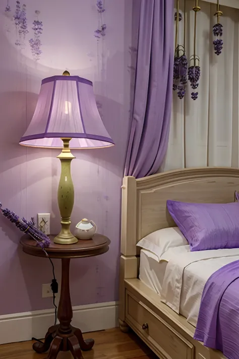 Lamp with ((lavender color:1.2)) in indoor room with lavender wallpaper background, #E6E6FA